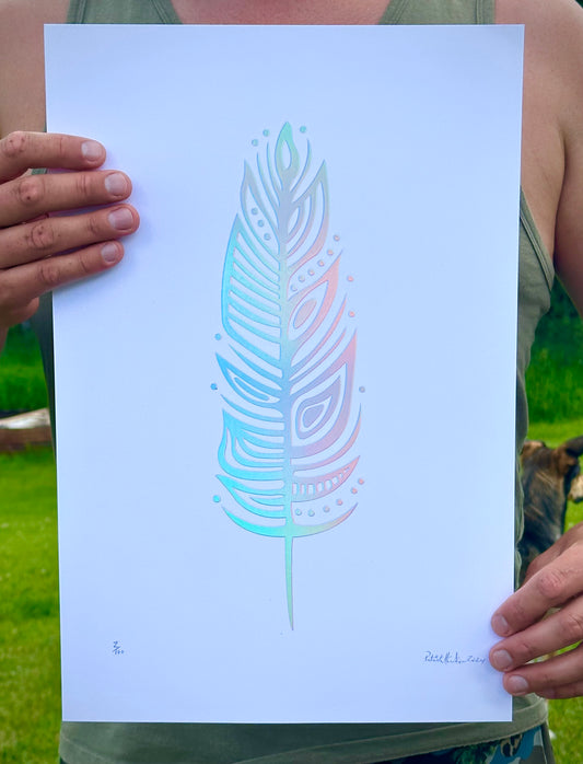 Patrick's eagle feather print with a reflective holographic foil on a white background.